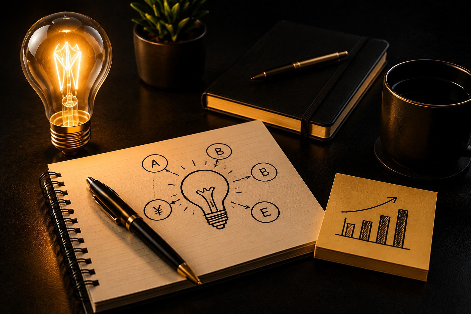 Lightbulb, notebook, and planning workspace